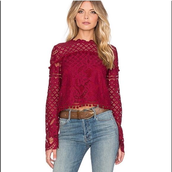 Tularosa maroon red wine lace overlay pom pom trim top size Small - Picture 1 of 15